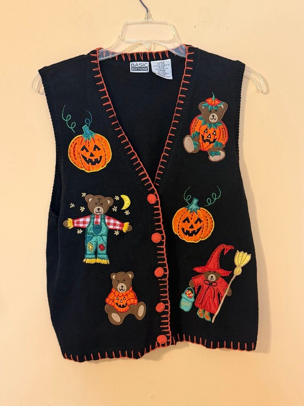 Vintage Halloween basic editions sweater cardigan size large pumpkin Bears 1990s